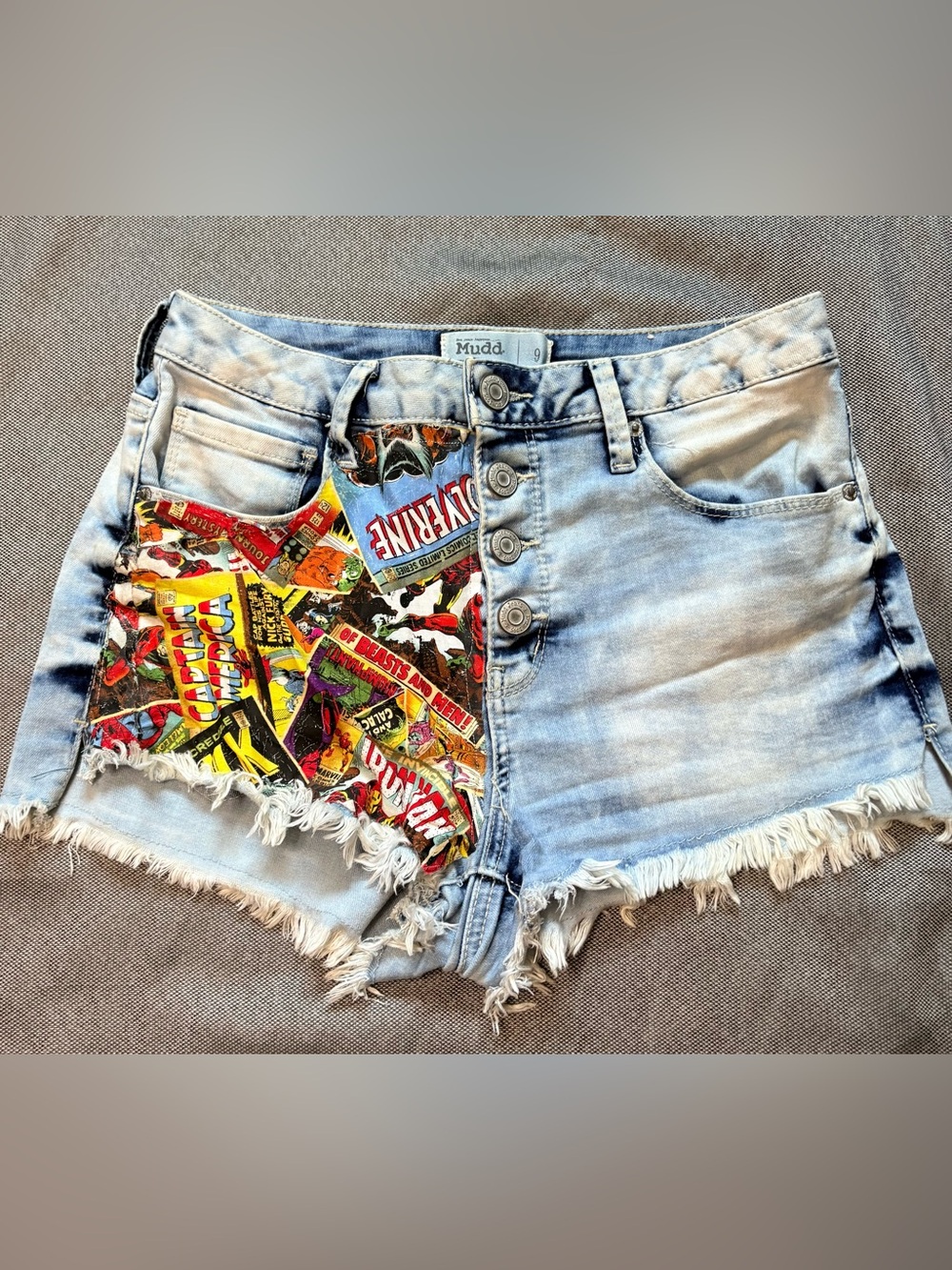 Mudd Light Blue Denim Marvel Comic Patch Frayed Hem Shorts